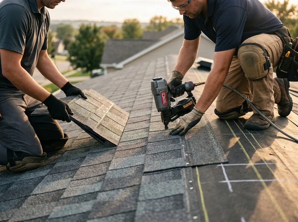 Professional roofer working on a residential roof in West Deptford